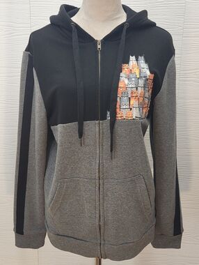 Baseballism Womens Zip Hoodie Medium Black Gray Colorblock Cat Graphic Full Zip